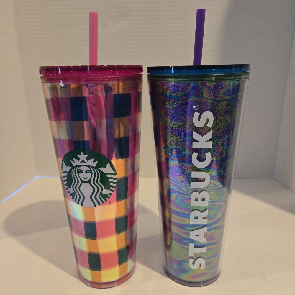 2 New! Starbucks 24oz Tumblers Pink Stripe & Multi Color Cold Only With Straws